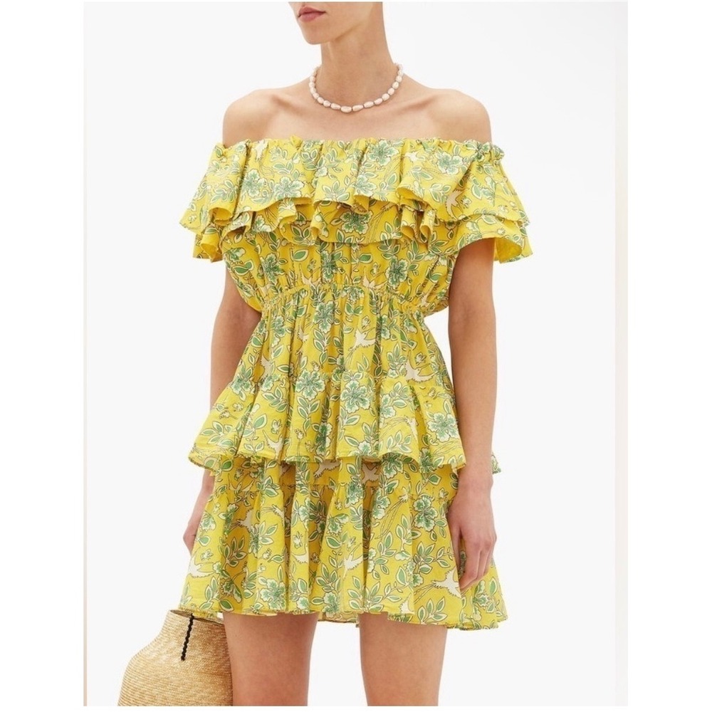 Rhode Yellow Floral Bird Print Off The Shoulder Tiered Ruffle Mini Dress XL